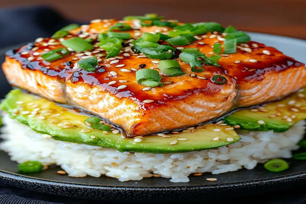 Teriyaki Salmon Avocado Rice Stack Recipe