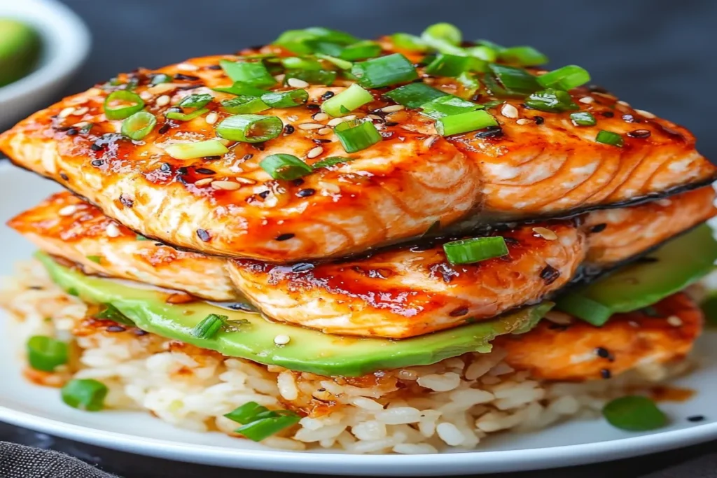 Teriyaki Salmon Avocado Rice Stack Recipe