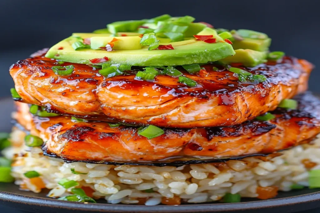 Teriyaki Salmon Avocado Rice Stack Recipe