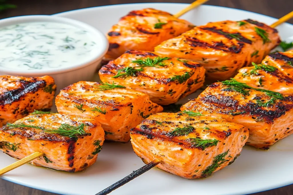 Grilled Salmon Skewers with Creamy Dill Yogurt Sauce