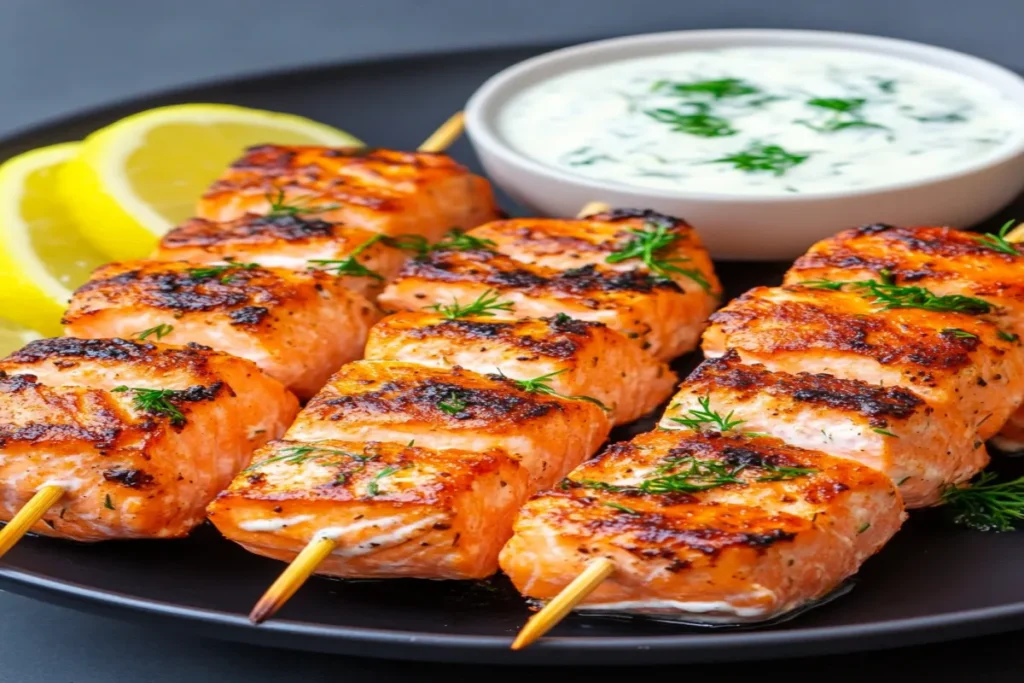 Grilled Salmon Skewers with Creamy Dill Yogurt Sauce