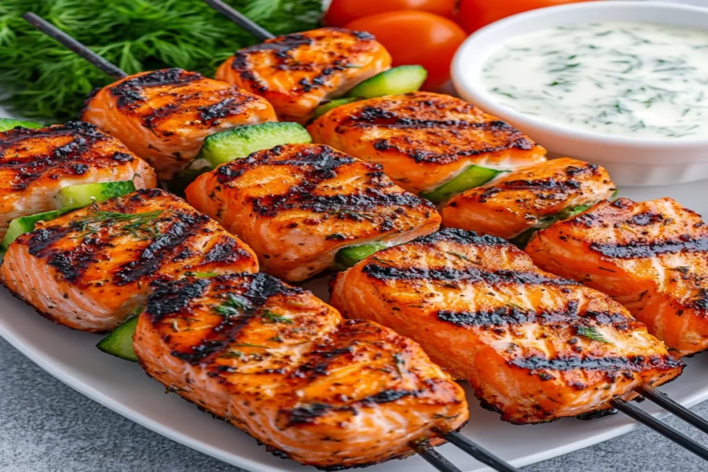 Grilled Salmon Skewers with Creamy Dill Yogurt Sauce