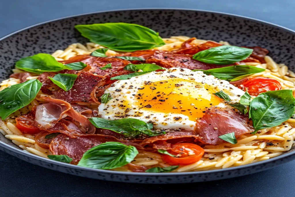 Orzo Carbonara with Crispy Prosciutto & Burrata – A Decadent Twist