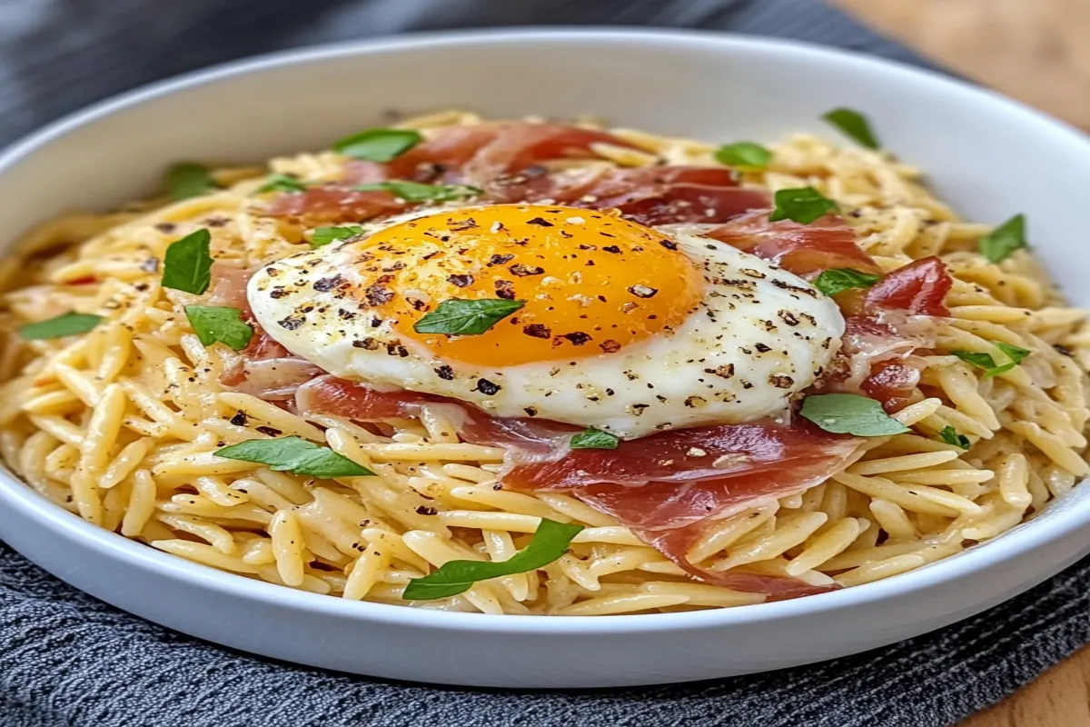 Orzo Carbonara with Crispy Prosciutto & Burrata – A Decadent Twist