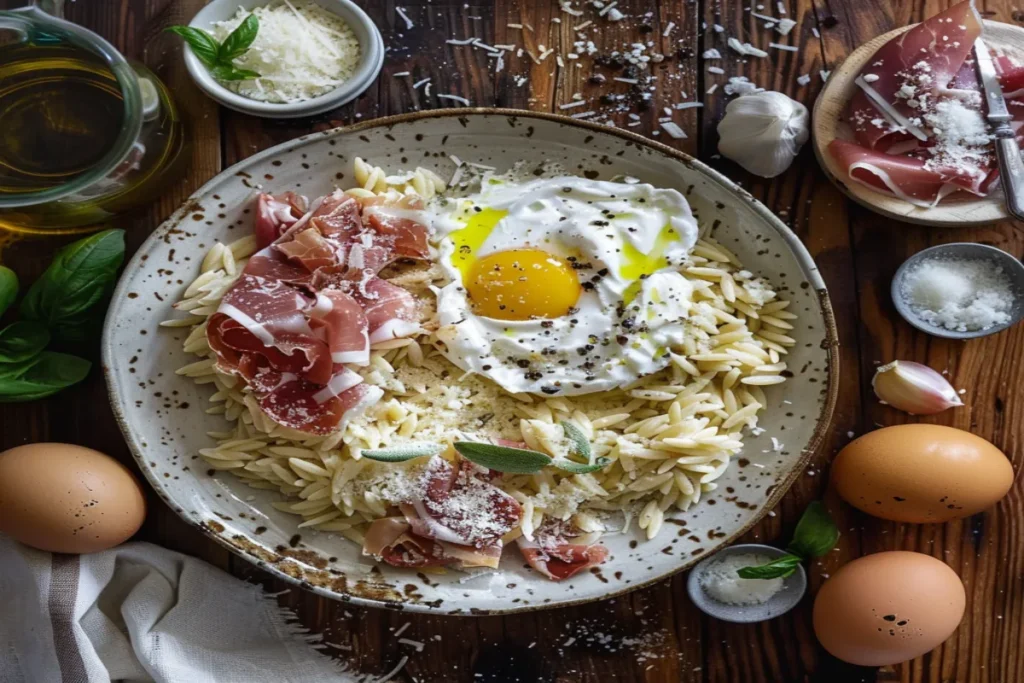 Orzo Carbonara with Crispy Prosciutto & Burrata – A Decadent Twist