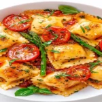 Ravioli with Tomatoes, Asparagus, Garlic, and Herbs