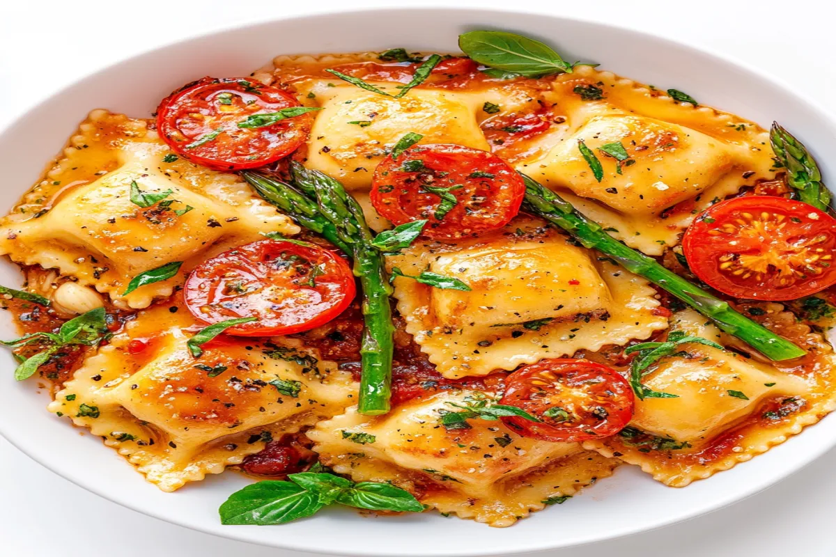 Ravioli with Tomatoes, Asparagus, Garlic, and Herbs