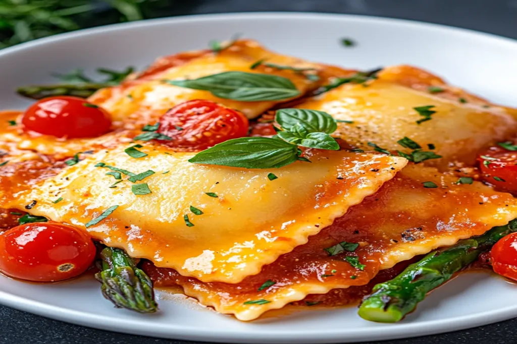 Ravioli with Tomatoes, Asparagus, Garlic, and Herbs