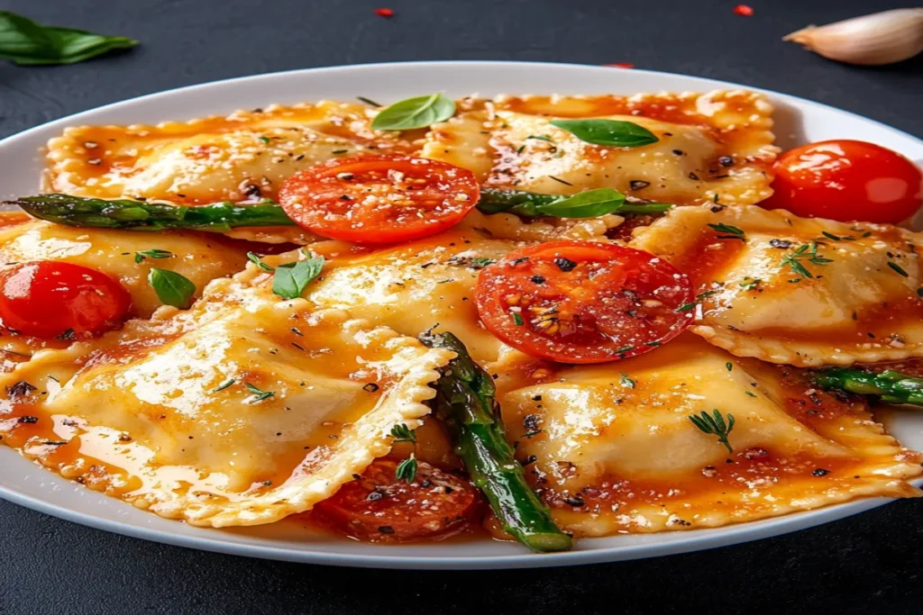 Ravioli with Tomatoes, Asparagus, Garlic, and Herbs