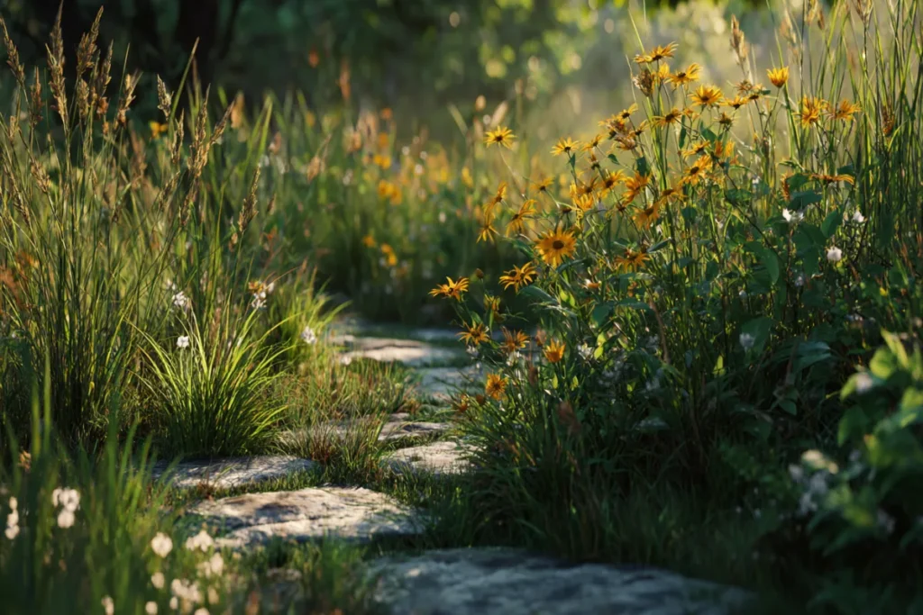 Suburban front yard transformed with blooming wildflowers and native grasses