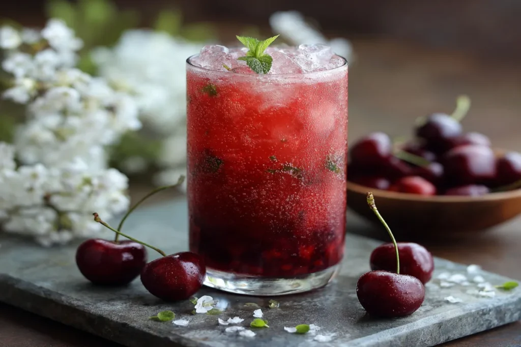 Creative Ginger Mocktails: Hibiscus-Ginger, Cherry-Ginger Agua Fresca, Cucumber-Ginger Fizz Hibiscus ginger mocktail in glass with lime and mint