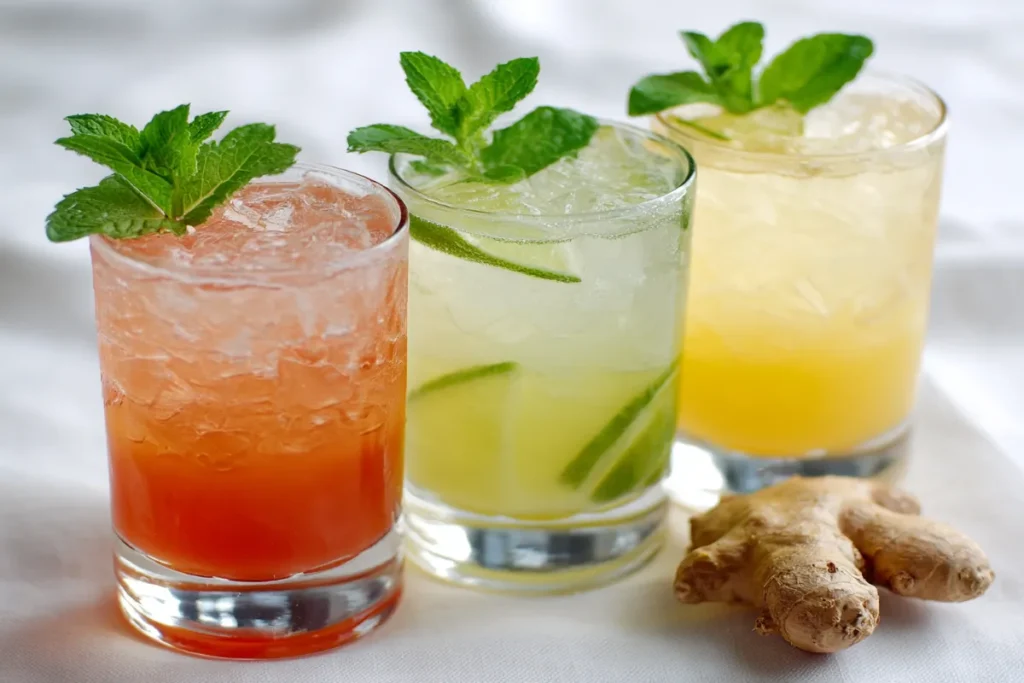Creative Ginger Mocktails: Hibiscus-Ginger, Cherry-Ginger Agua Fresca, Cucumber-Ginger Fizz Hibiscus ginger mocktail in glass with lime and mint