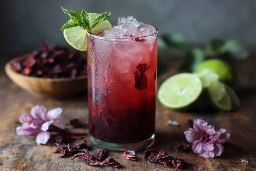 Creative Ginger Mocktails: Hibiscus-Ginger, Cherry-Ginger Agua Fresca, Cucumber-Ginger Fizz Hibiscus ginger mocktail in glass with lime and mint