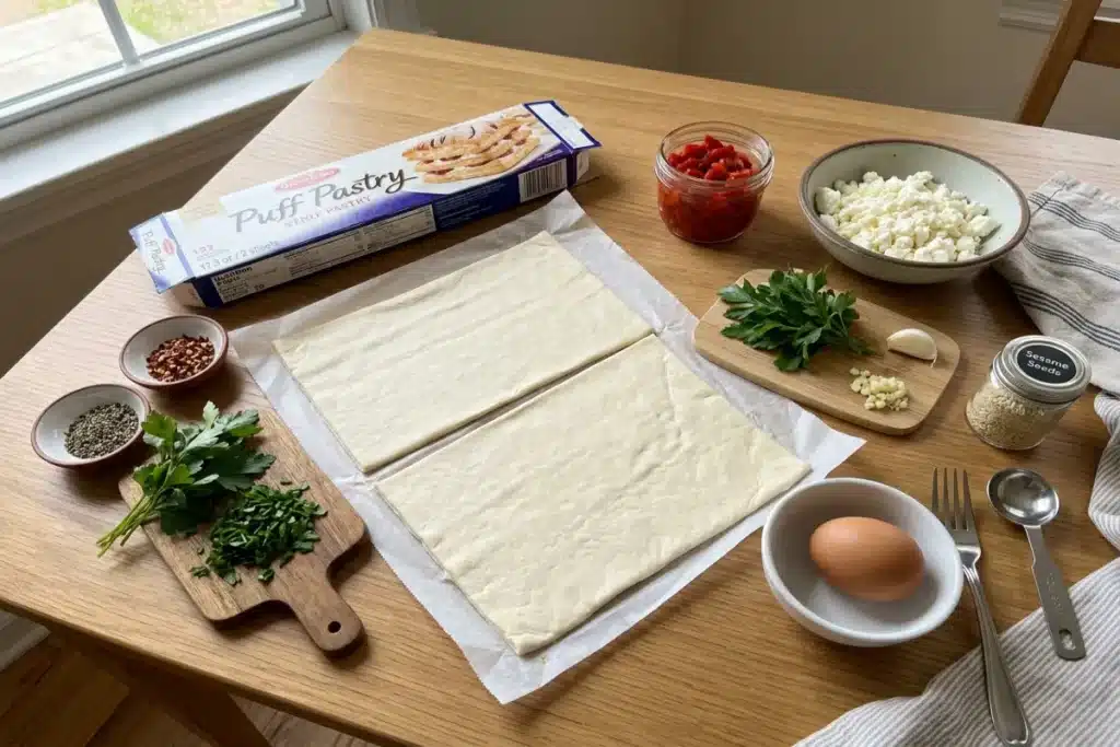 Roasted Red Pepper and Feta Triangles — Flaky Puff Pastry Appetizer image 1200x800 1786724734576