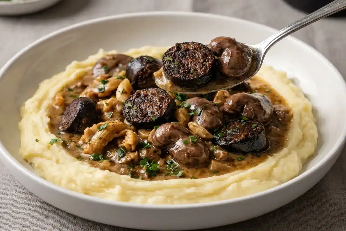 Poêlée de tripes et rognons au boudin noir sur purée maison