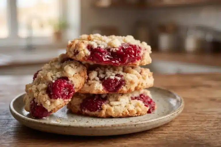 Raspberry crumble cookies stacked on a plate, with red raspberry filling and golden crumb topping.