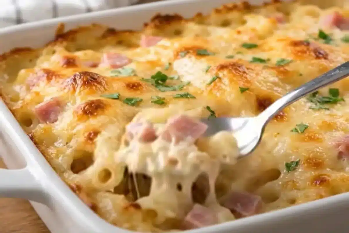 Gratin de pâtes au jambon facile et crémeux Gratin de pâtes au jambon et au fromage doré, avec une portion soulevée à la cuillère.